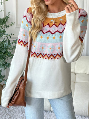 Geometric knit long-sleeve sweater in white with colorful fair isle pattern and crew neck.