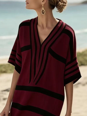 Burgundy and black striped half sleeve midi dress with V-neck