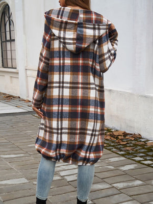 Plaid cocoon hoodie jacket with a draped, oversized fit and drawstring hem, shown in brown multi.