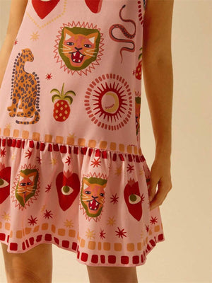 Pink ruffled mini dress with eclectic animal and fruit print, a-line cut