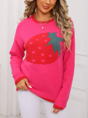 Rose red acrylic blend sweater with large strawberry graphic and red trim.