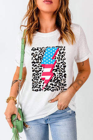 White t-shirt with leopard print and an American flag lightning bolt graphic.