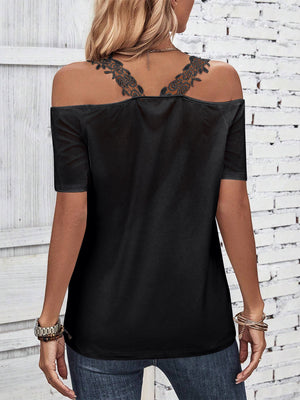 Black off-the-shoulder top with lace yoke detail and short sleeves.