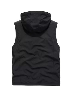 Black hooded zip vest with a smooth finish and a relaxed fit.
