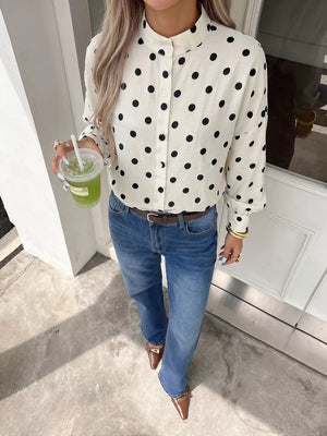 Polka Dot Button-up Shirt in Beige, side view