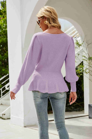 Lavender ribbed knit peplum top with puff sleeves and a square neckline.