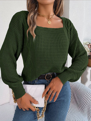 Dark green acrylic cable knit sweater with square neckline and balloon sleeves