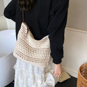 Crochet Knit Shoulder Bag in Tan, fabric detail
