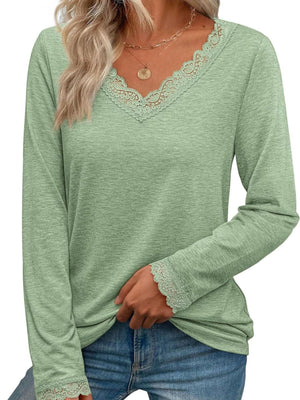 Lace trim long sleeve t-shirt in Gum Leaf with V-neck and lace cuffs.