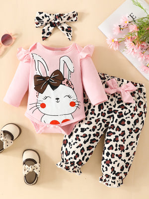 Pink bunny long sleeve bodysuit with leopard print pants and matching headband.