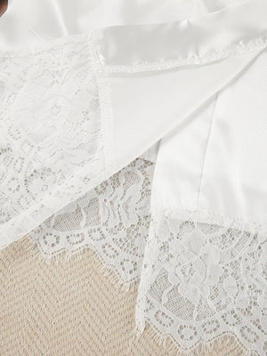 White satin loungewear set with delicate lace trim detail
