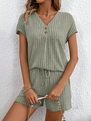 Sage ribbed knit lounge set with button-down top and drawstring shorts.