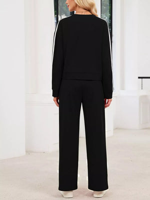 Striped Round Neck Sweatshirt And Pants Set in Black, editorial view