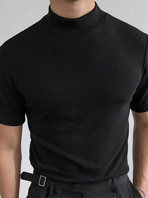 Black short sleeve tee with a mock neckline.