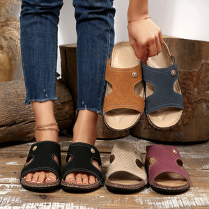 Perforated pu leather wedge sandals in black, beige, burgundy, brown, and blue with cutout details.