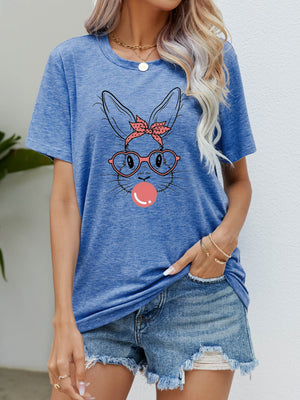 Misty Blue crew neck t-shirt with a graphic bunny wearing a pink bandana and heart-shaped glasses, blowing bubblegum.