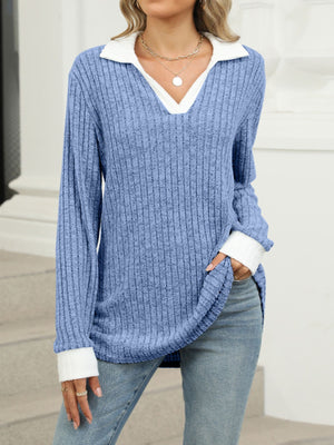 Ribbed knit long sleeve t-shirt in Peacock Blue with white collar and cuffs, V-neck.