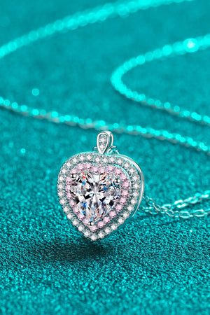 Silver heart halo pendant necklace with moissanite and pink stones