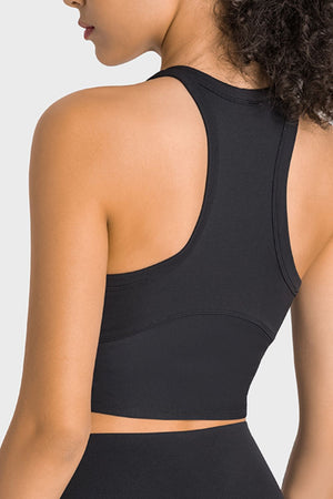 Black sculpted neckline crop top with racerback detail and supportive band.