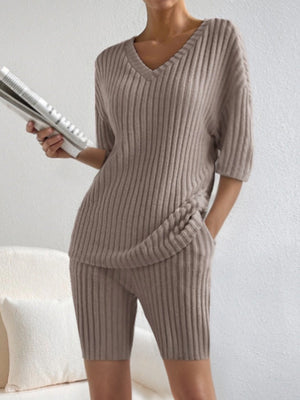 Ribbed mocha V-neck loungewear set with short sleeves and biker shorts.