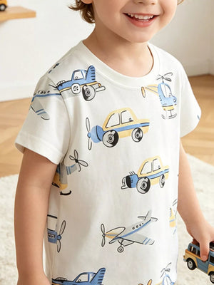 Blue cotton toddler t-shirt with charming vehicle print, basic casual style