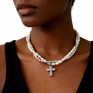 Elegant Pearl Alloy Necklace With Rhinestone Cross Pendant in Gold, back view