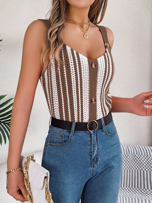 Crochet stripe button-front tank top in mocha and white with a V-neck and button details.