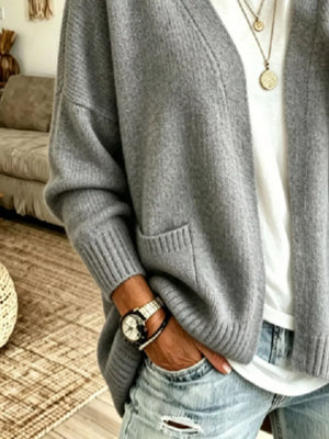 Open Front Knit Cardigan With Pockets in Army Green, model styling view