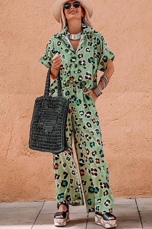 Sage leopard print resort shirt and wide leg trousers set with collar