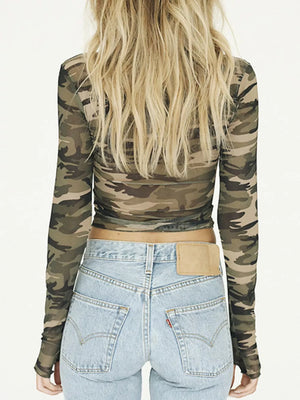 Sheer camouflage long sleeve tee in army green, body-hugging cropped fit.