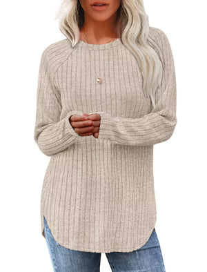 Ribbed knit long sleeve maternity tee in caramel color with crew neck and curved hem.