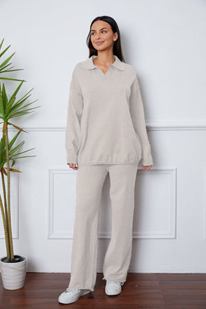 Relaxed knit polo co-ord set in ivory with long sleeves and wide leg pants.