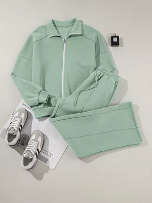 Sage zip-up jacket and drawstring pants set, cotton, casual activewear