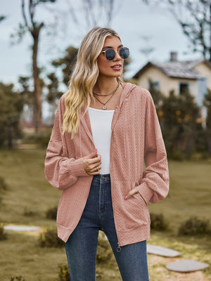 Pale blush textured knit dolman sleeve zip-up hoodie with pockets