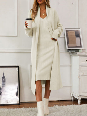 Cream ribbed knit midi dress and duster set with V-neck cami dress and open front cardigan.