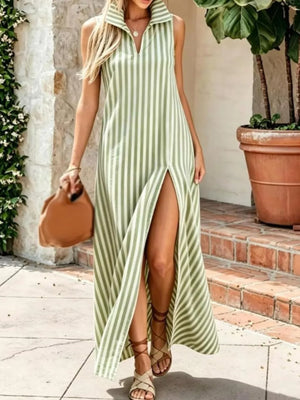 Full Size Striped Maxi Dress With High Slit in Red, back view