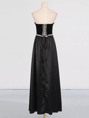 Lace Up Back Tube Maxi Dress in Black, model styling view