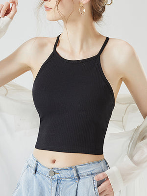 Black ribbed racerback crop top with thin straps and a high neckline.