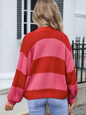 Colorblock balloon sleeve knit cardigan in red and pink stripes, acrylic material.