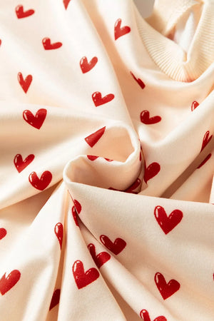 Heart Print Round Neck Long Sleeve Sweatshirt in Cream, fabric detail