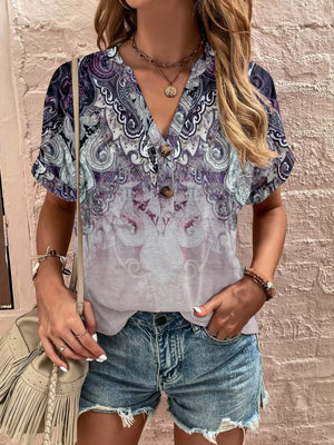 Bohemian tapestry henley blouse in Pink Purple with a v-neck and short sleeves, featuring a paisley print.