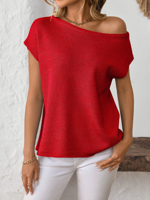 Off-the-shoulder knit tee in deep red with short sleeves and a boat neckline.