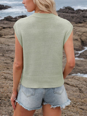 Luxe knit v-neck sleeveless top in light green, featuring a ribbed hem and cuffs.