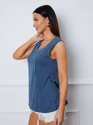 Dark blue button-down tank top with square neckline and pintuck detail.