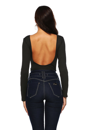 Black ribbed long sleeve bodysuit with deep scoop open back, paired with dark wash jeans.