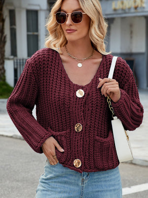 Burgundy chunky knit cardigan with gold buttons and pockets