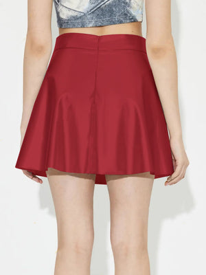 Crimson A-line mini skirt with a flared hem and back zipper.