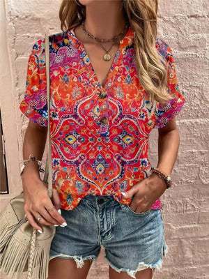 Americana Henley print top with button detail and short sleeves.