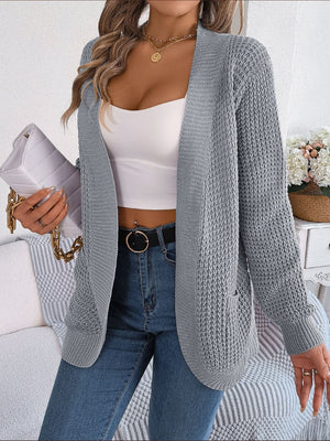 Textured knit open-front cocoon cardigan in charcoal with pockets and a relaxed fit.