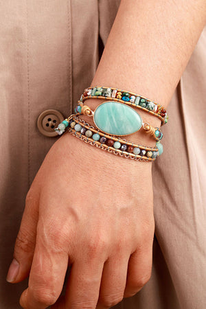 Aqua amazonite and beaded wrap bracelet with gold chain details.